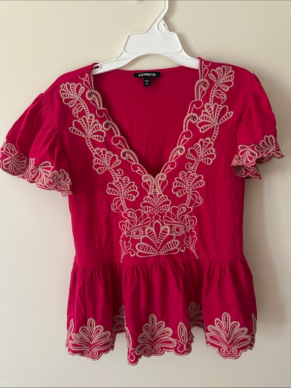 Express Fuchsia Embroidered V-Neck Peplum Tunic